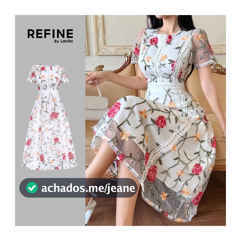 Lovito Vestido Midi De Primavera/verão Com Decote Redondo Em Renda Jacquard Floral Para Mulheres Bordado LR41E006