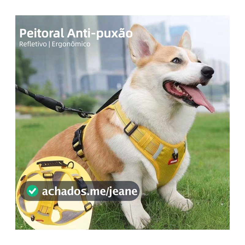 Peitoral Anti Puxão para Cachorro Ajustável com Alça Reforçada Faixas Refletivas Fecho com Trava