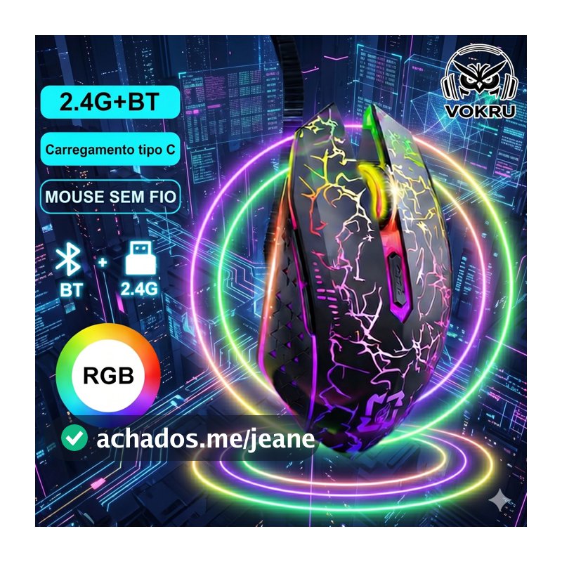 Bluetooth Mouse Sem Fio Luz De Fundo LED I RGB 2.4G Jogo De Modo Duplo 7 Cores I Para Jogos Ergonomia-6 Botões