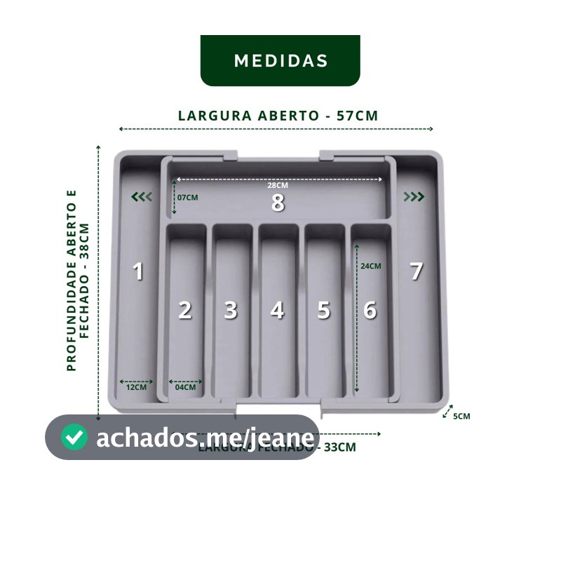 Organizador de gaveta para talheres com 8 compartimentos e extensor ajustável para melhor organização