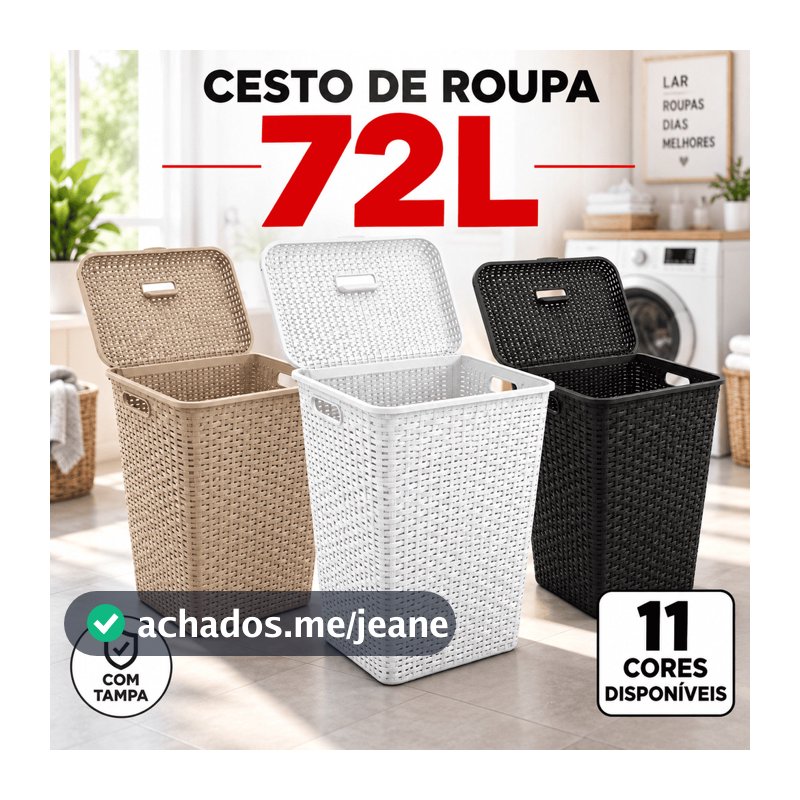 Roupeiro Cesto Roupa Suja 72L Rattan Gigante com Tampa e Alças Lavanderia Banheiro Quarto Família Resistente