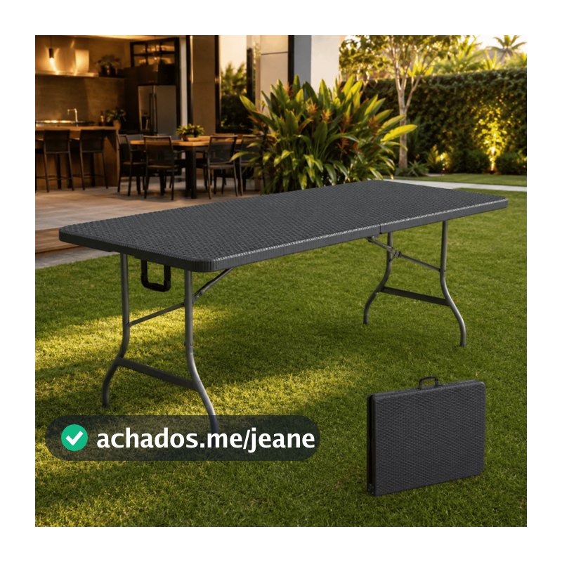 Mesa Dobrável Preta 1,80m Vira Maleta Portátil Plástico Reforçado Alça Camping Churrasco Nakasaki