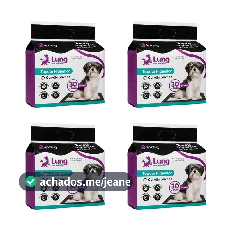 Kit 4 Tapete Higienico com Carvão Ativado 50x60cm 30Un p/ Cachorro Pet Gel Absorvente Borda Colante