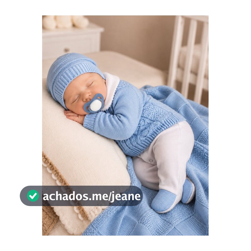 Saída de maternidade menino em tricô azul bebê Vitor