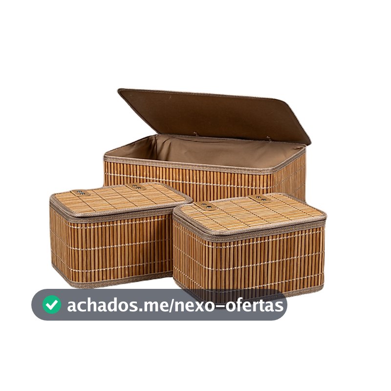 Conjunto 3 Caixa Cesto Organizador Retangular Bambu Tampa 23 36cm Marrom Decoração Casa Premium