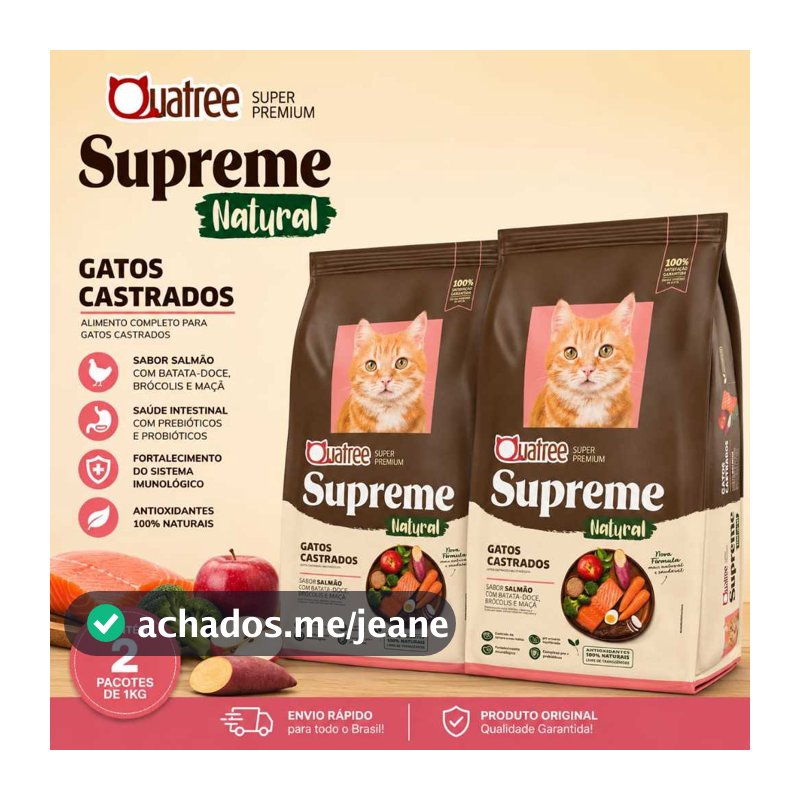 Kit Com 2 Ração Quatree Supreme Gatos Castrados Salmão 1kg Cada