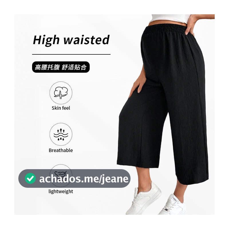 Calça reta feminina casual de perna larga, comprimento 7/8, folgada e com caimento fluido, para grávidas, para uso exter