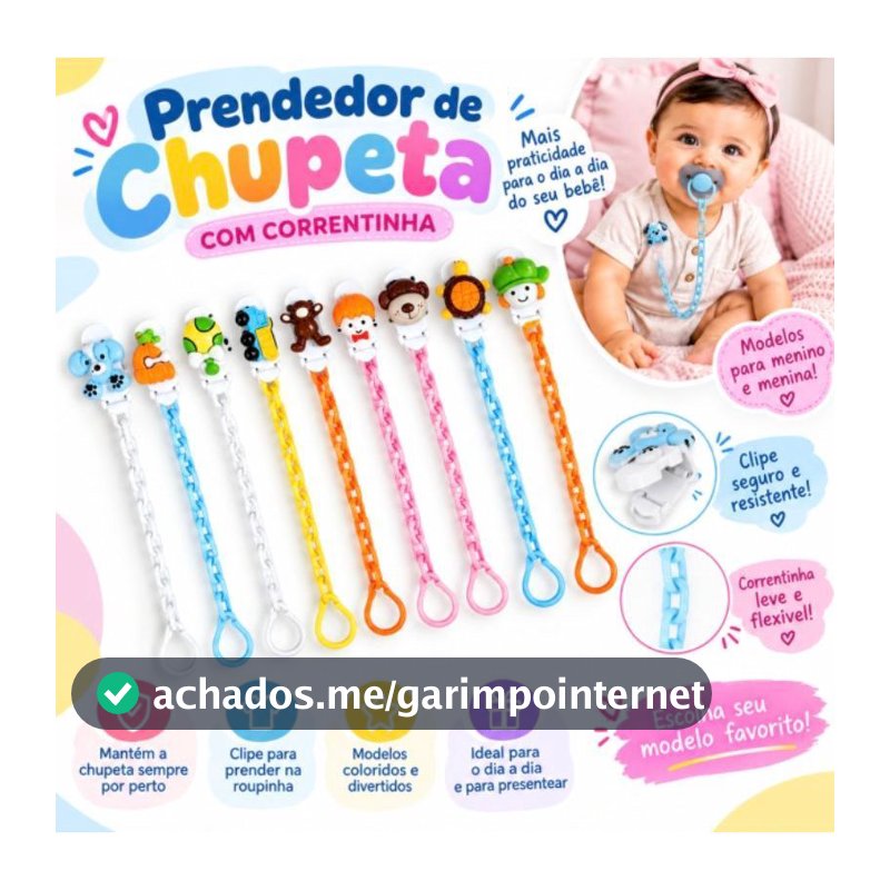 Prendedor de Chupeta Bebê Correntinha Bichinhos Coloridos Menino Menina Clipe Universal
