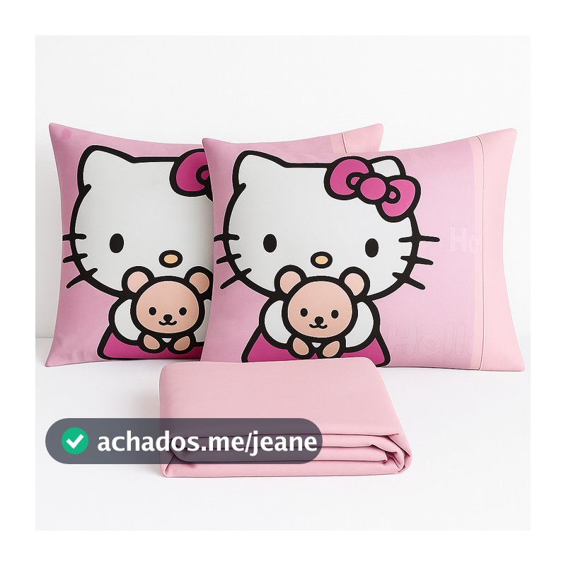 Jogo de Lençol com elástico e Fronha Ponto Palito 3 peças Casal/Queen/King  Hello Kitty Toque Macio