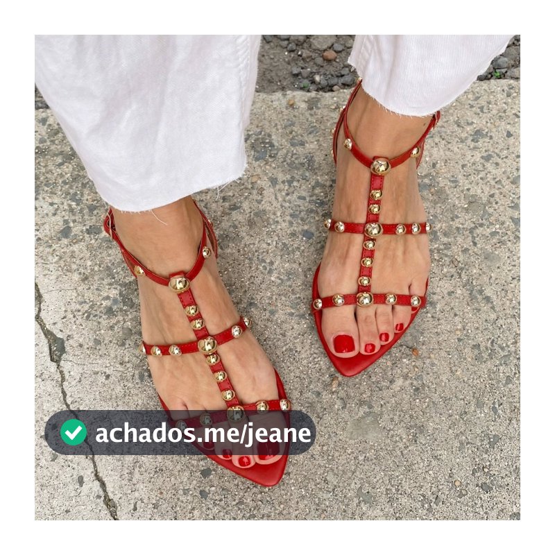 Sandália Rasteira BICO FOLHA VERMELHO TOMATE com Detalhes em Dourado