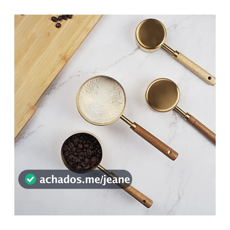 Kit 4 Colheres Medidoras de Metal Dourado com Cabo de Madeira  Medidas Precisas e Design Sofisticado