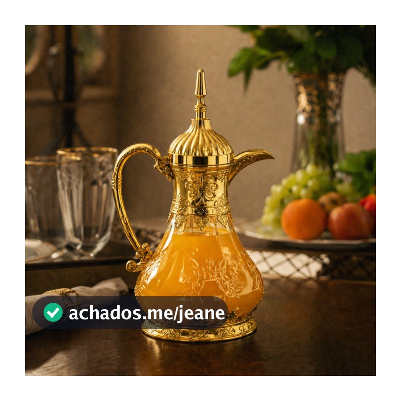 Jarro De Agua Suco Cha Arabe Garrafa 1,6l Detalhes Luxo Dourada Vidro Frio Exclusiva Jarra