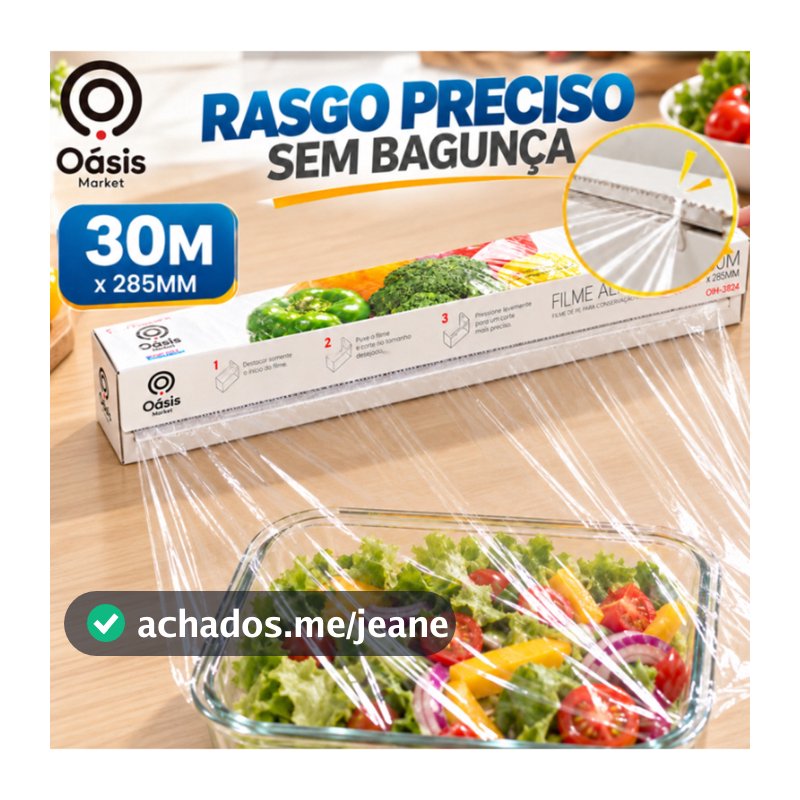 Kit 2 Filme Alimentar Plástico PE 30m x 28,5cm Cada para Alimentos Geladeira Freezer Oásis