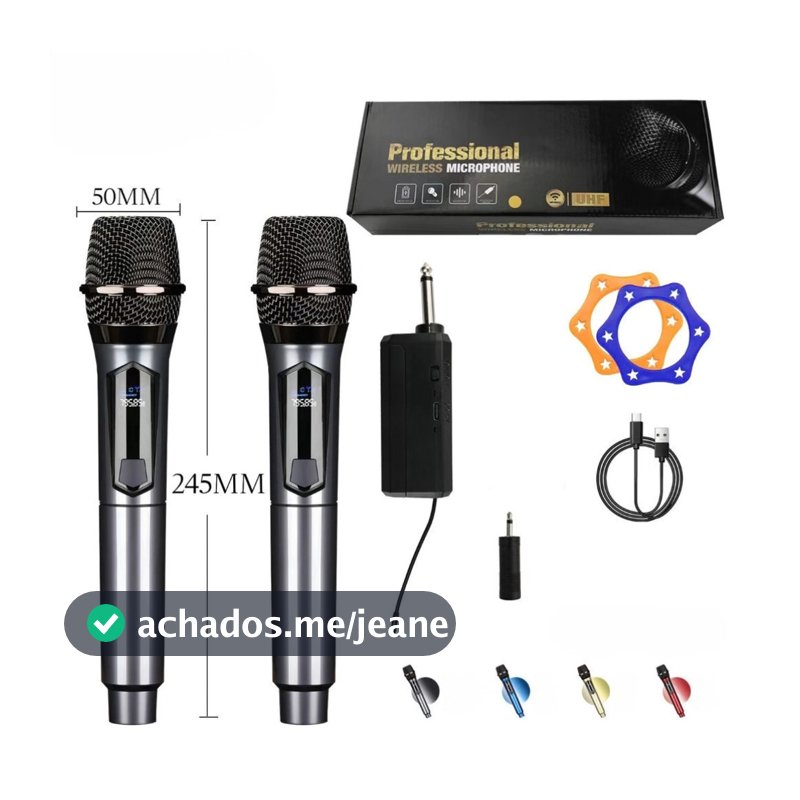 Microfone Sem Fio Profissional UHF conjunto com 2 Microfones + Receptor Recarregável  marisa