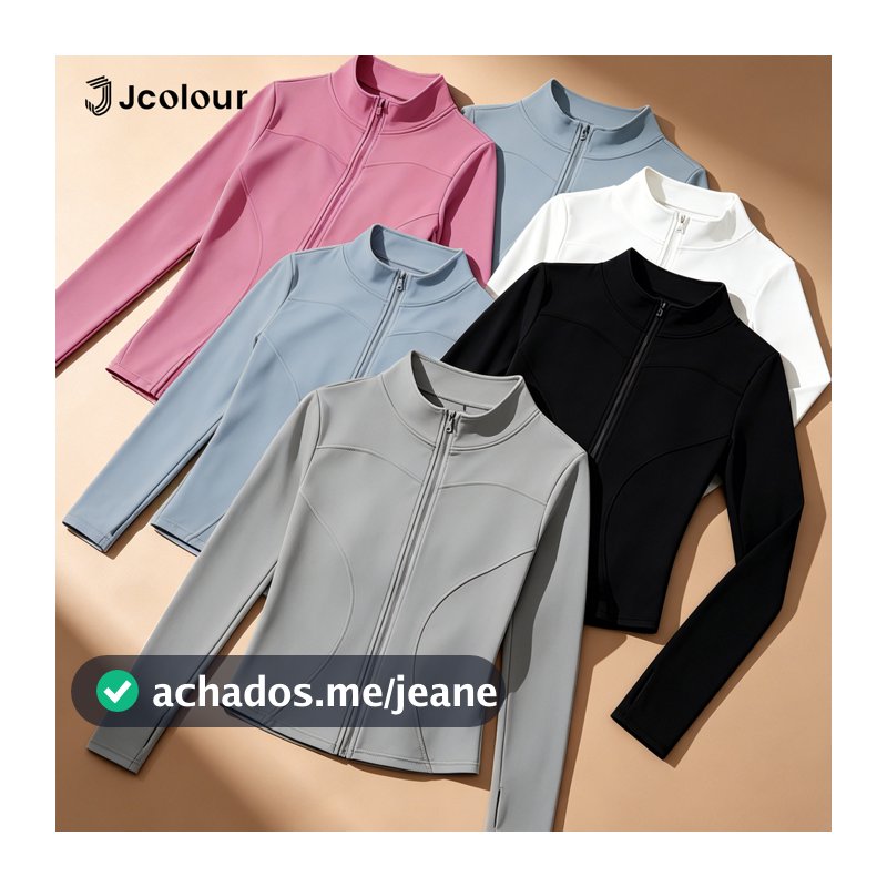 Jcolour Blusa Manga Longa Feminina Fitness  Modeladora Zíper Gola Alta Yoga Esportivo Proteção UV