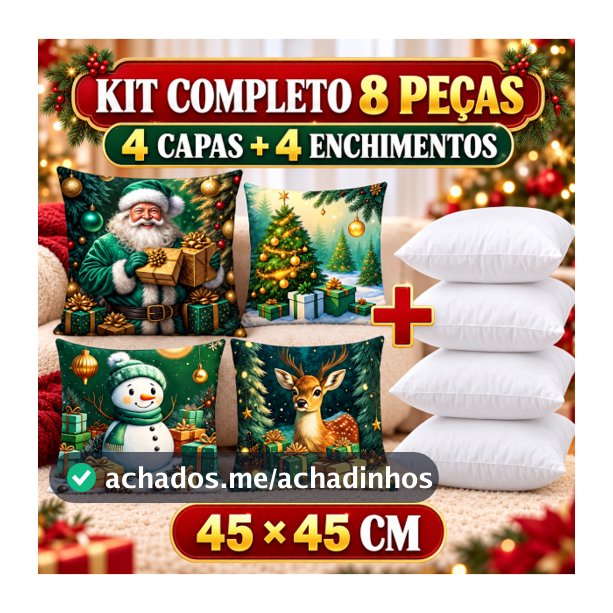 Kit 8 Peças Natal 4 Capas + 4 Enchimentos 45x45 Almofadas Completas Papai Noel Decoração Sofá Sala