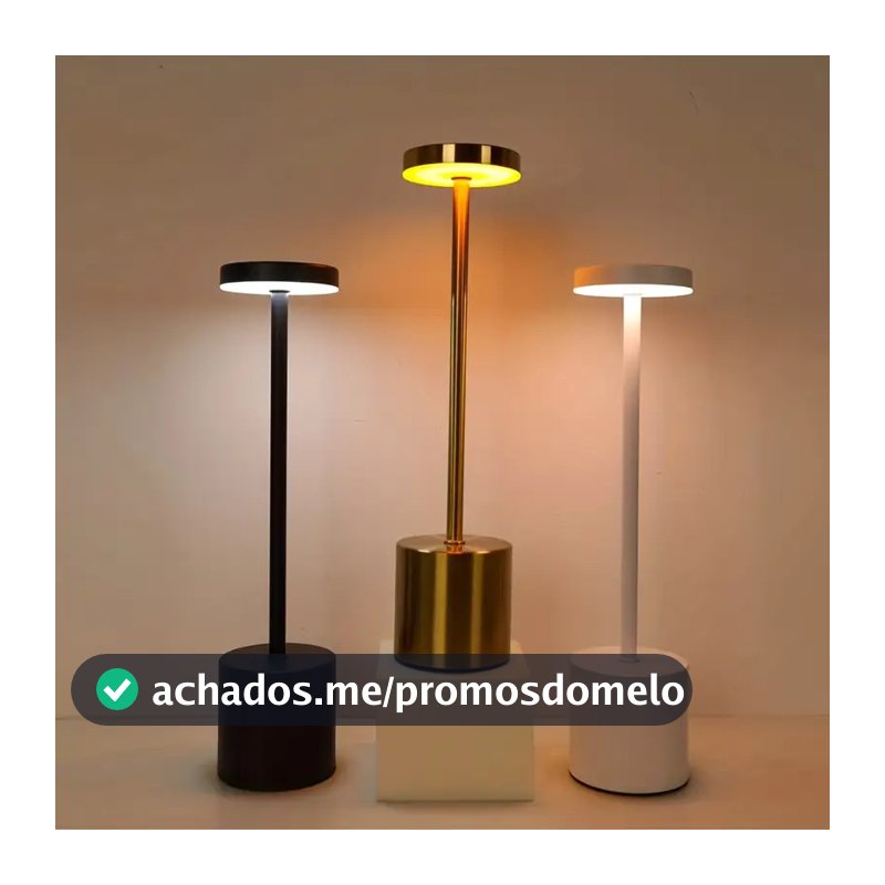 Luminária de Mesa Abajur Cabeceira Escrivaninha LED 3 em 1 Recarregável Tipo C Preto Cromado Dourado