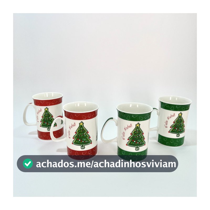 Jogo 4 Xícaras Natal 300ml Porcelana Cilíndro / Caneca Café, Chá / Conjunto Kit / Ceia Natalina Noel