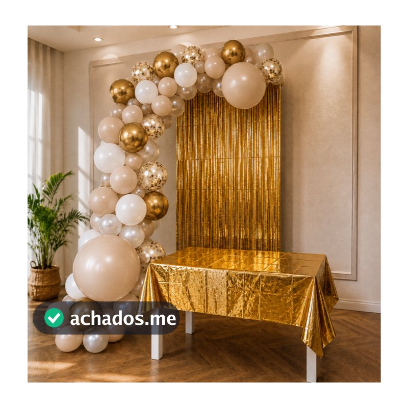 Kit Festa Decoração Completa Arco De Balão Cortina Metalizada E Toalha De Mesa