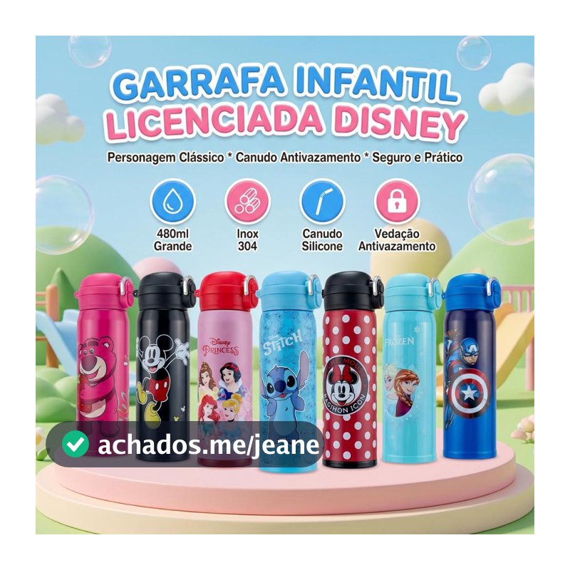 Garrafas de Água Térmica Squeeze 480ml Resistente Escola Passeio Original Marvel e Disney