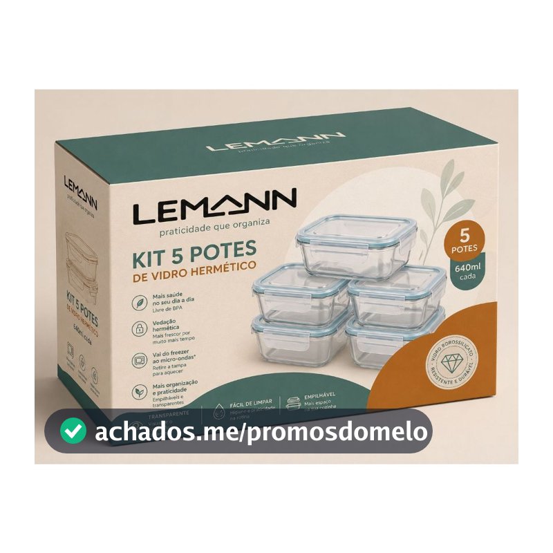 Kit 5 Potes De Vidro 640ml Marmita Hermético Borossilicato Freezer Fitness Forno Micro-ondas