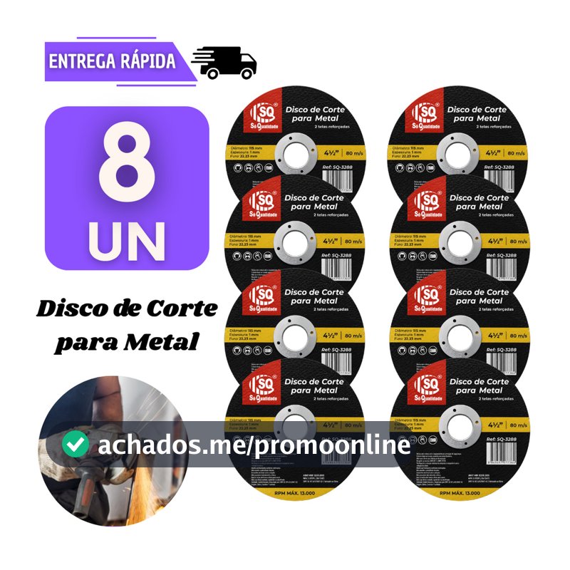 8 Disco Corte Metal E Ferro 115mm x 1mm x 22mm Para Fino Esmerilhadeira Corte Preciso Serralheria Resistente Discos