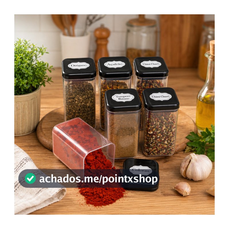 kit 6 Potes porta Temperos Condimentos Sal Parrilha 180ml Tampa Dupla Reforçada com Etiquetas