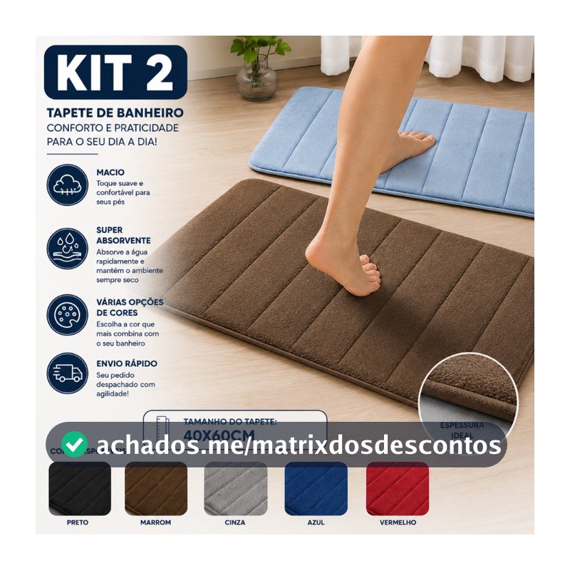 Kit com 2 Tapete Antiderrapante Absorvente Banheiro Quarto Macio Soft Secagem Rapida 60x40