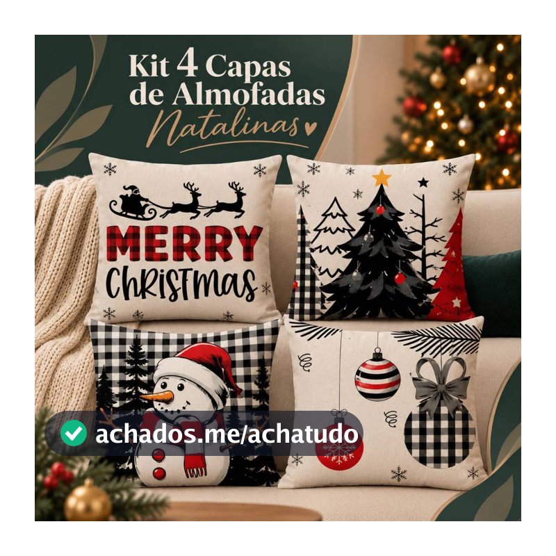 Kit 4 Capas Almofada Digital Decorativa De Natal 43x43 Cm