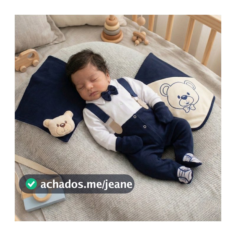 Saída Maternidade Menino Azul Marinho com Suspensório 100% Algodão Roupa Bebê Enxoval