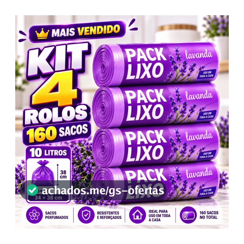 Kit 4 Sacos de Lixo Perfumados Lavanda  10 Litros 160 Saquinhos Pia e Banheiro Neutraliza Odores