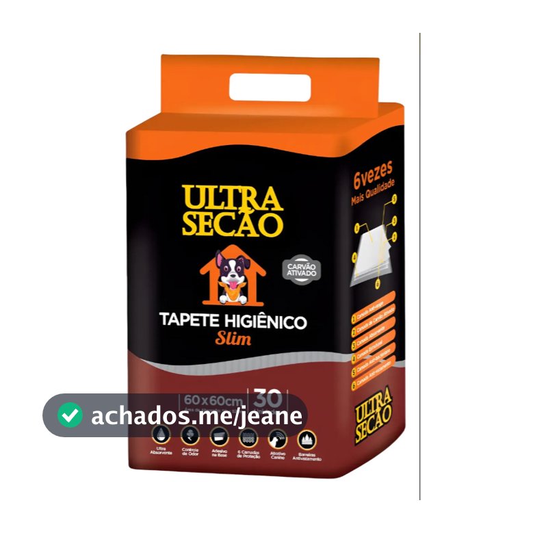 Tapete Higiênico Ultra Secão Slim 60x60cm 30 Unidades Carvão Ativado Alta Absorção Filhote Pequeno Porte