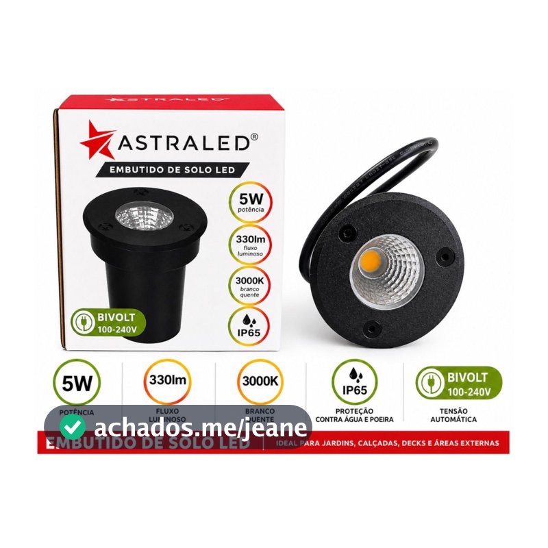 Spot Balizador LED Embutido de Solo Astraled 5W IP65 Bivolt 3000K Preto Para Jardim Área Externa