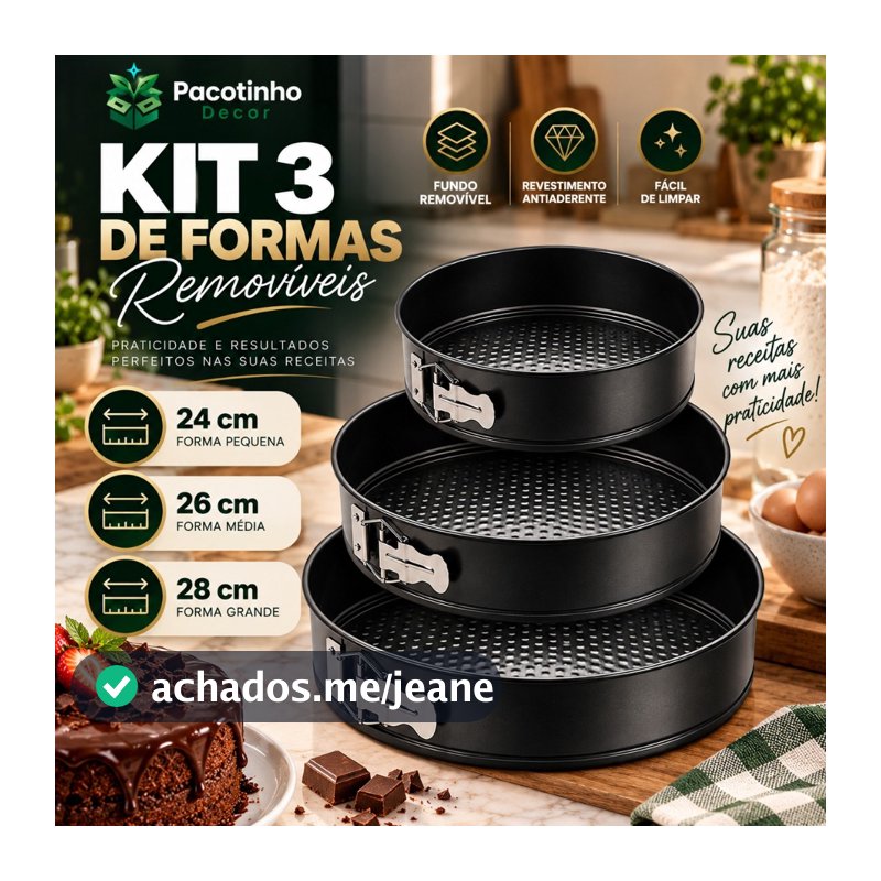 Kit 3 Formas Para Bolo Torta Com Fundo Removível Antiaderente Aço Carbono Redondas Preto