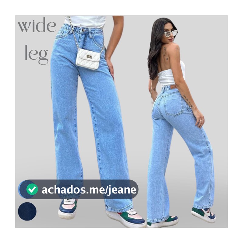 Calça wide leg jeans básica feminina cintura alta tecido 100% algodão look casual para o dia dia