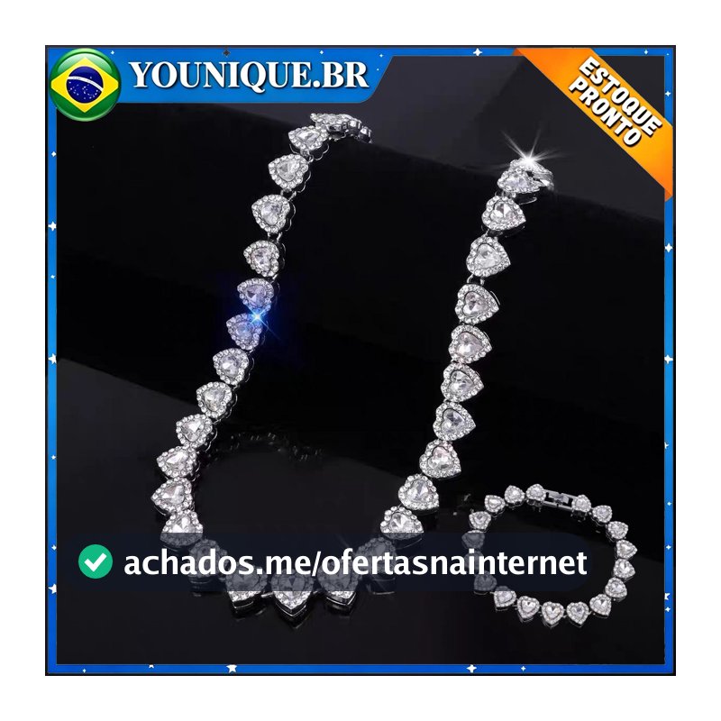 Conjunto requintado de colar e pulseira em aço titânio adornado com corações de zircônia banhados a prata Joias feminina