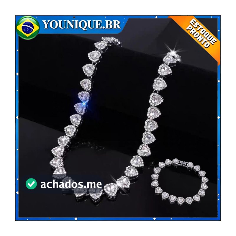 Conjunto requintado de colar e pulseira em aço titânio adornado com corações de zircônia banhados a prata Joias feminina