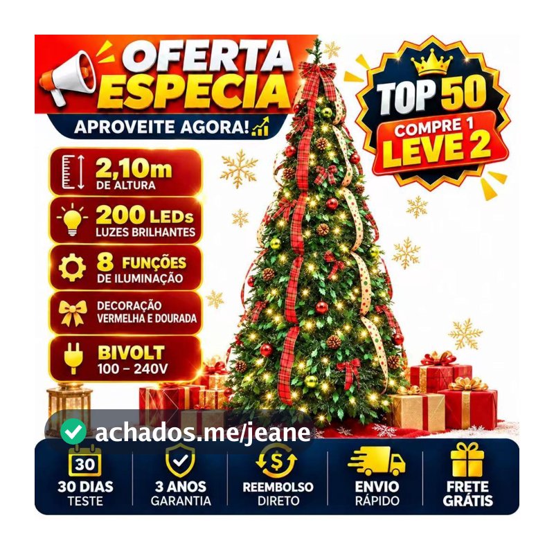 Árvore de Natal 2,10m Verde Decorada com 200 LEDs Bivolt 8 Modos de Iluminação Laços Bolas e Enfeites