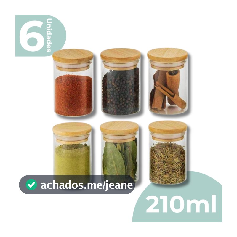 Kit 6 Pote De Vidro Porta Tempero Mantimentos Redondo Borossilicato Tampa De Bambu 210ml