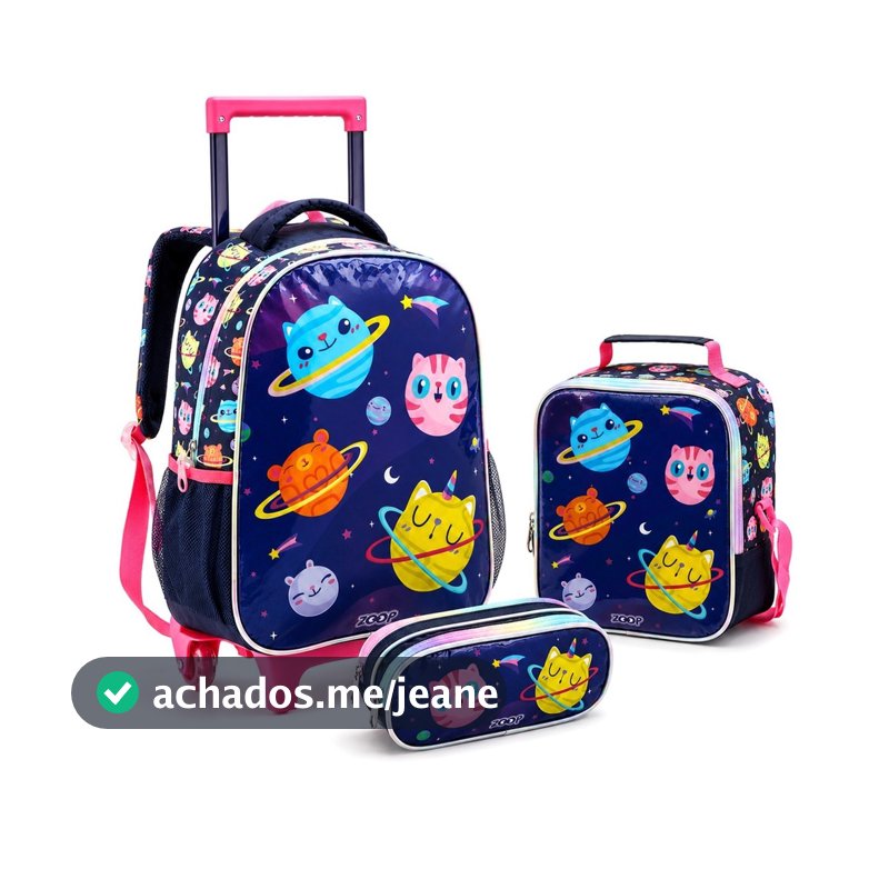 Kit Escolar Mochila De Rodinhas + Lancheira Térmica + Estojo Galáxia Forro Interno Resistente