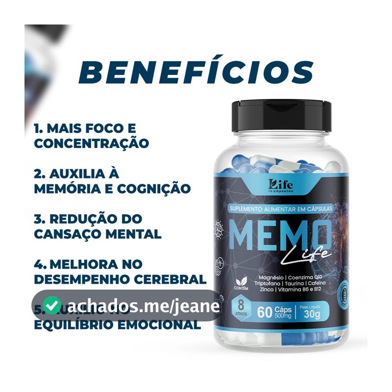 Memo Life 60 Cápsulas – Memória, Energia, Clareza Mental, Concentração, Disposição - Envio Imediato