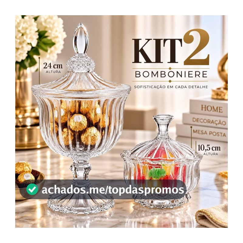 Bomboniere de Vidro Egípcio Kit 2 com Tampa 24cm e 10,5cm para Doces Mesa Posta Decoração