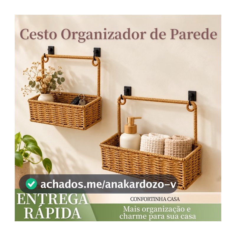 Cesto Organizador de Parede Multiuso em PP Efeito Vime para Cozinha Banheiro Lavanderia