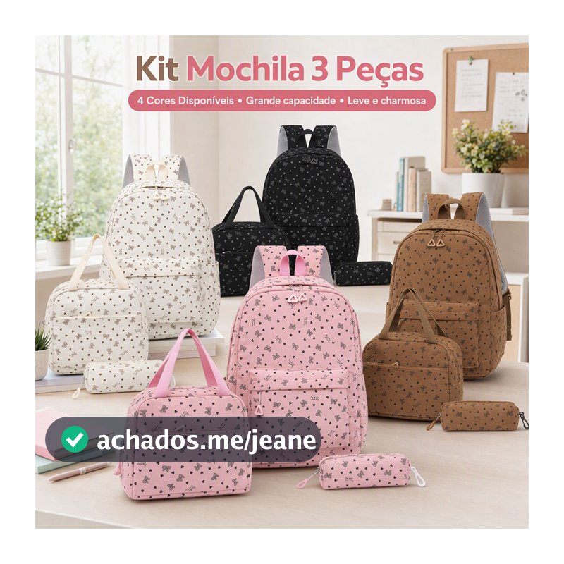 Mochila Feminina Escolarde Veludo Cotelê Kit 3 Pcs Grande Leve Resistente à Água Estampa Laços com bolsa de mão e estojo