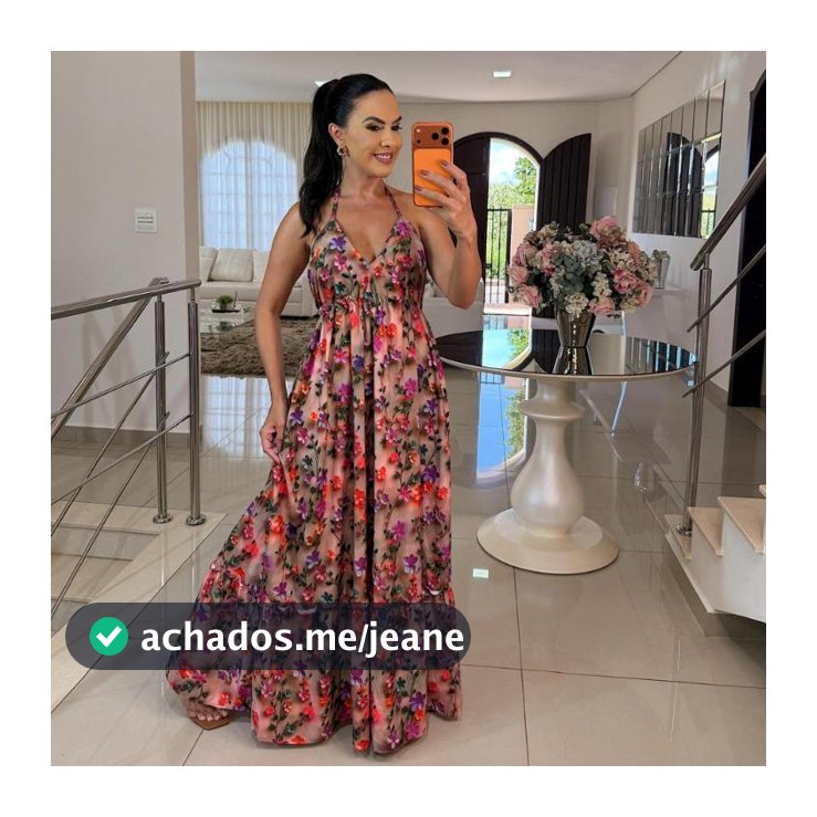 vestido longo estampa 3D floral crepinho