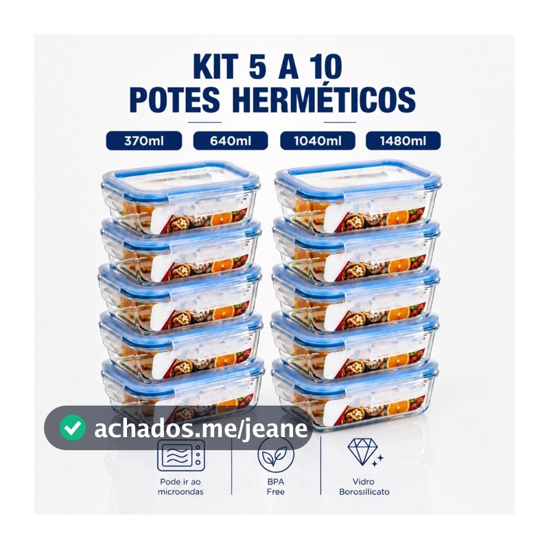 Kit 5 e 10 Potes De Vidro Hermetico Marmita Fit Mantimento Tampa 4 Travas, Microondas