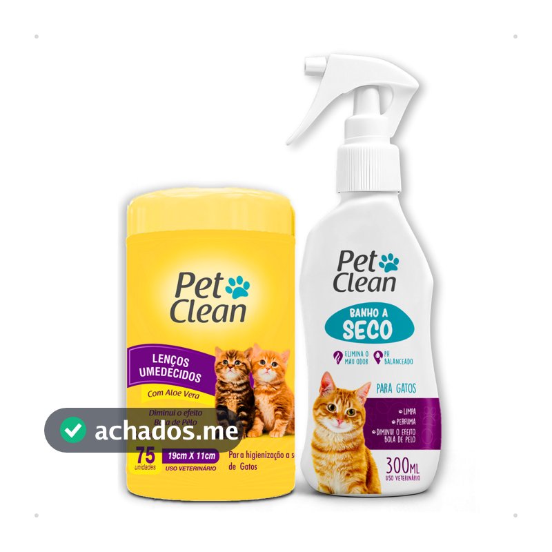 Kit Banho a Seco para Gatos 300ml Pet Clean + Lenço Umedecido Gato 75 unidades