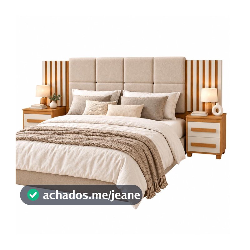 Cabeceira Casal Extensível com 2 Mesas de Apoio Ripado e Estofado Cinamomo/Off White Suíça RV Móveis