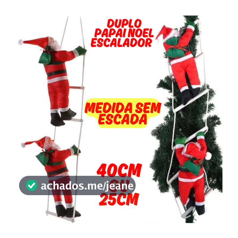 Papai Noel 40cm Duplo Grande Escalador Escada Dois Bonecos Com Corda Forte Para Enfeite Natalino