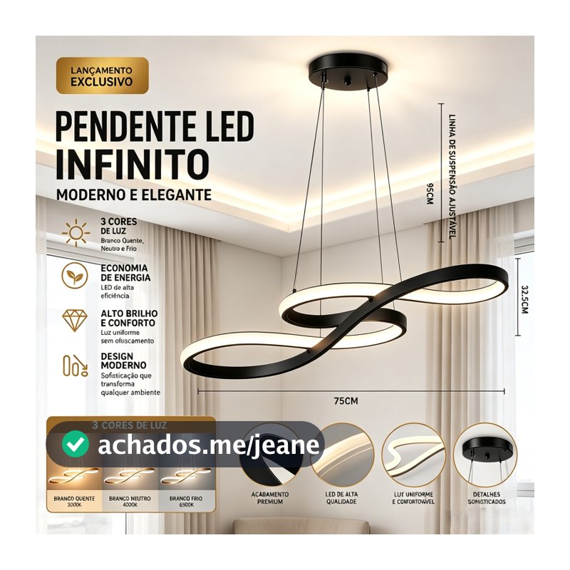 Lustre Pendente LED Formato Infinito Moderno 3 Cores em 1 Luz Altura Ajustável Bivolt para Sala de Jantar e Cozinha